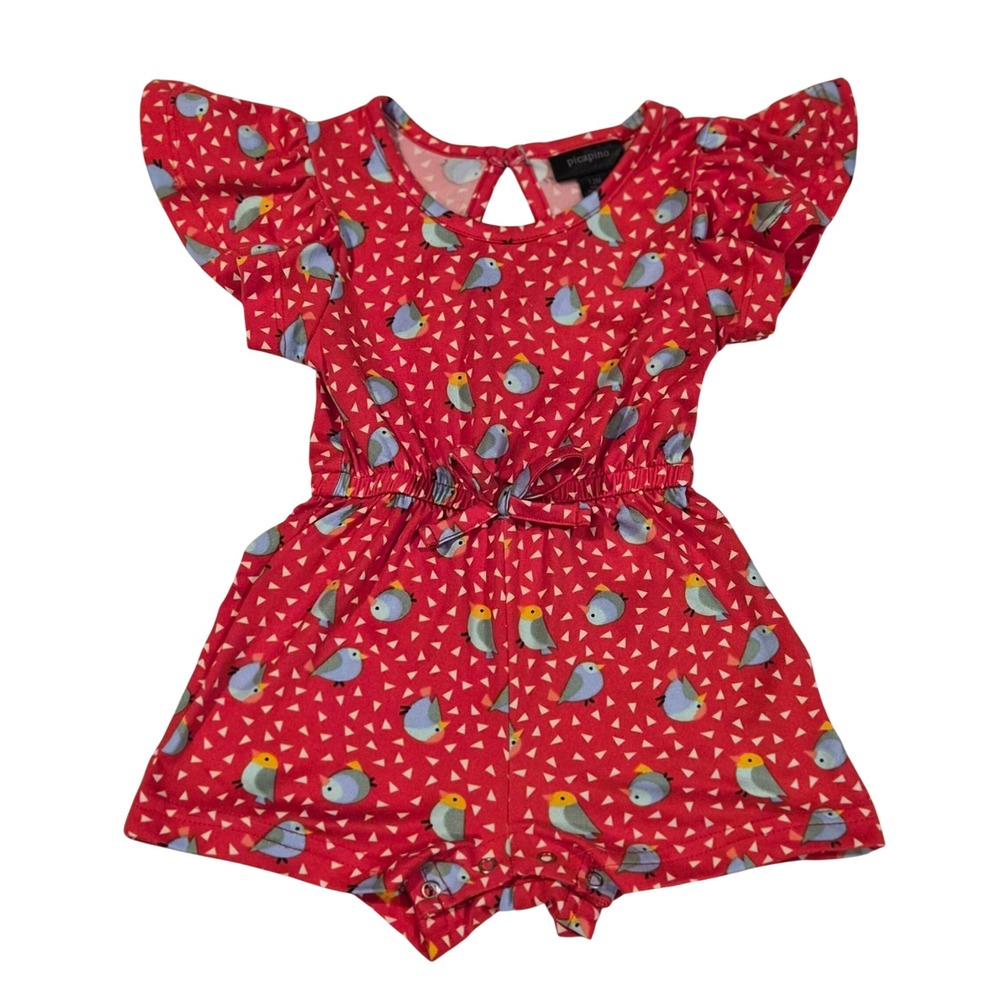 Picapino Baby Girls Red Bird Print Flutter Sleeve Romper 12M